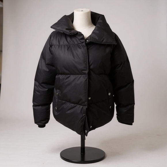 Black Oversized Puffer Jacket | Winter Coat with Snap Pockets - Picture 1 of 10